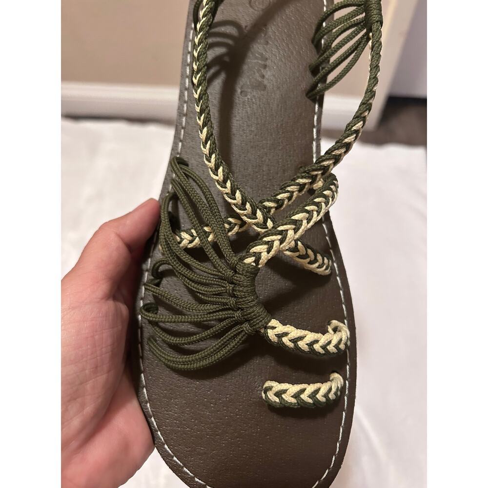 Plaka Flat Sandals for Women Braided Palm Leaf Teal & Moss Green, Size 10 - Picture 4 of 7